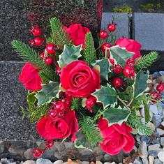 Artificial Grave Flowers - Festive Red Rose, Holly &amp; Berries 