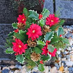 Artificial Grave Flowers - Festive Red Rose &amp; Gold Pinecones