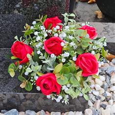 Artificial Grave Flowers - Red Rosebud &amp; Gypsophilia 
