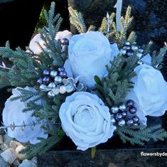 Artificial Grave Flowers - White Rose &amp; Metallic Silver Berries 
