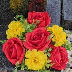 Artificial Grave Flowers - Red Rose &amp; Yellow Marigold 