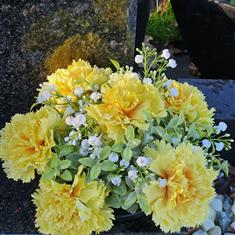 Artificial Grave Flowers - Yellow Carnations &amp; White Gypsophilia