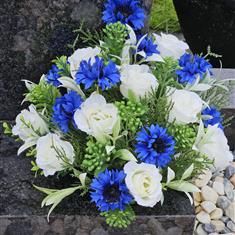 Artificial Grave Flowers - White Rose and Blue Cornflowers