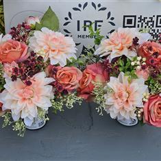 Pair Peach Dahlia arrangements 
