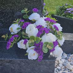 White &amp; Purple grave flower arrangement 